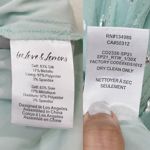 FOR LOVE & LEMONS NWT Eden Silk Metallic Hearts Midi Dress Mint Silver Size S - Picture 12 of 13